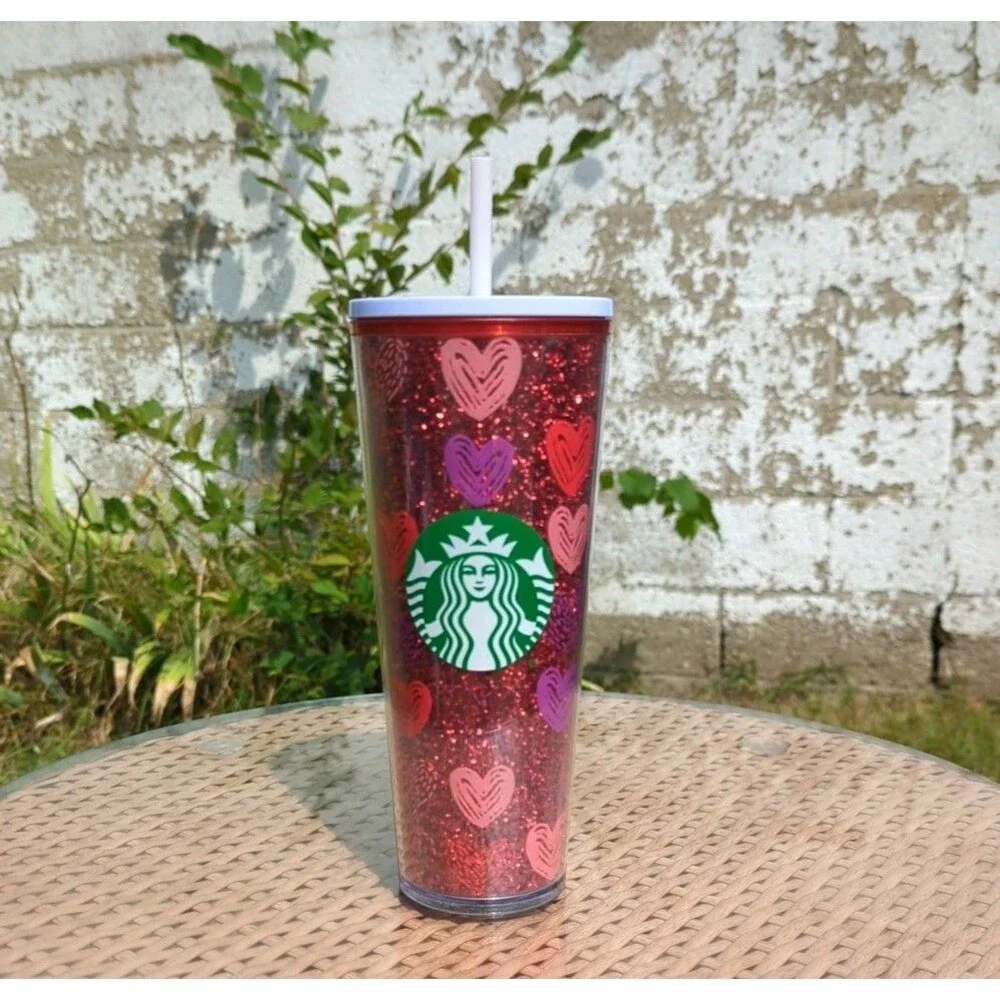 Starbucks Valentine's Day 2022‎ Red Glitter & Hearts Tumbler. 24 fl oz Venti